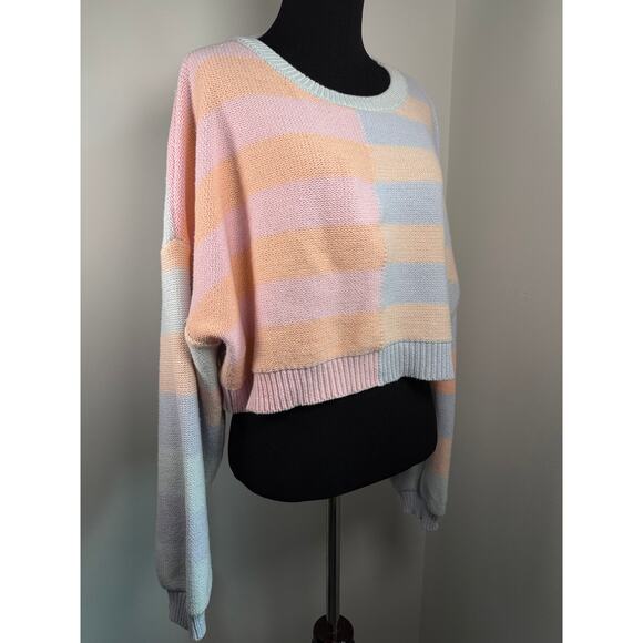 Le Lis Sweaters - Pastel Colorblock Striped Cropped Sweater Soft Girl Coquette Slouchy Knit Size L